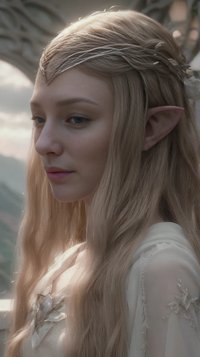 Galadriel elf, blonde wavy very long hair, cinematic, with Rivendale in the background