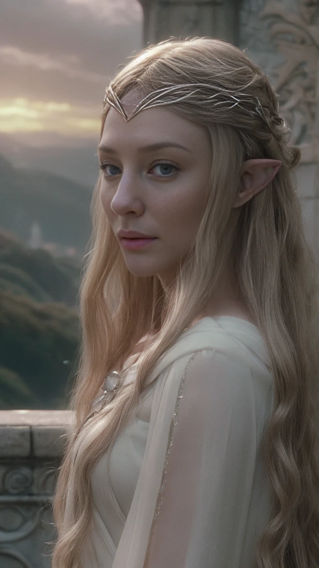 Galadriel elf, blonde wavy very long hair, cinematic, with Rivendale in the background