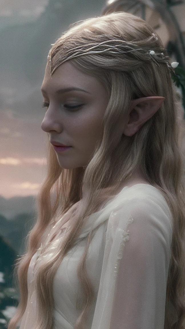 Galadriel elf, blonde wavy very long hair, cinematic, with Rivendale in the background