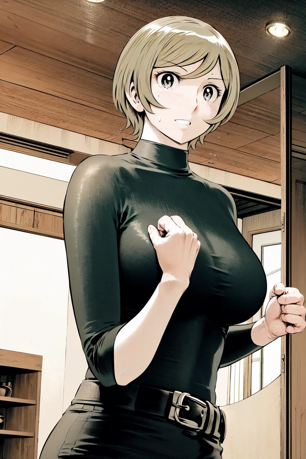 、(masterpiece、Highest quality)、Highest quality, Ultra-high resolution, (((masterpiece))), alone, Sweat、Big eyes,Tight black shirt、Tight white pants、belt、indoor、Composition from the front、(Cut the back hair short、short hair、blonde、woman)、Shortcuts、Embarrassed face、Cut your hair short、可愛いwomanの子、Big Breasts、Inside the room、Full Color、Baseball uniform
