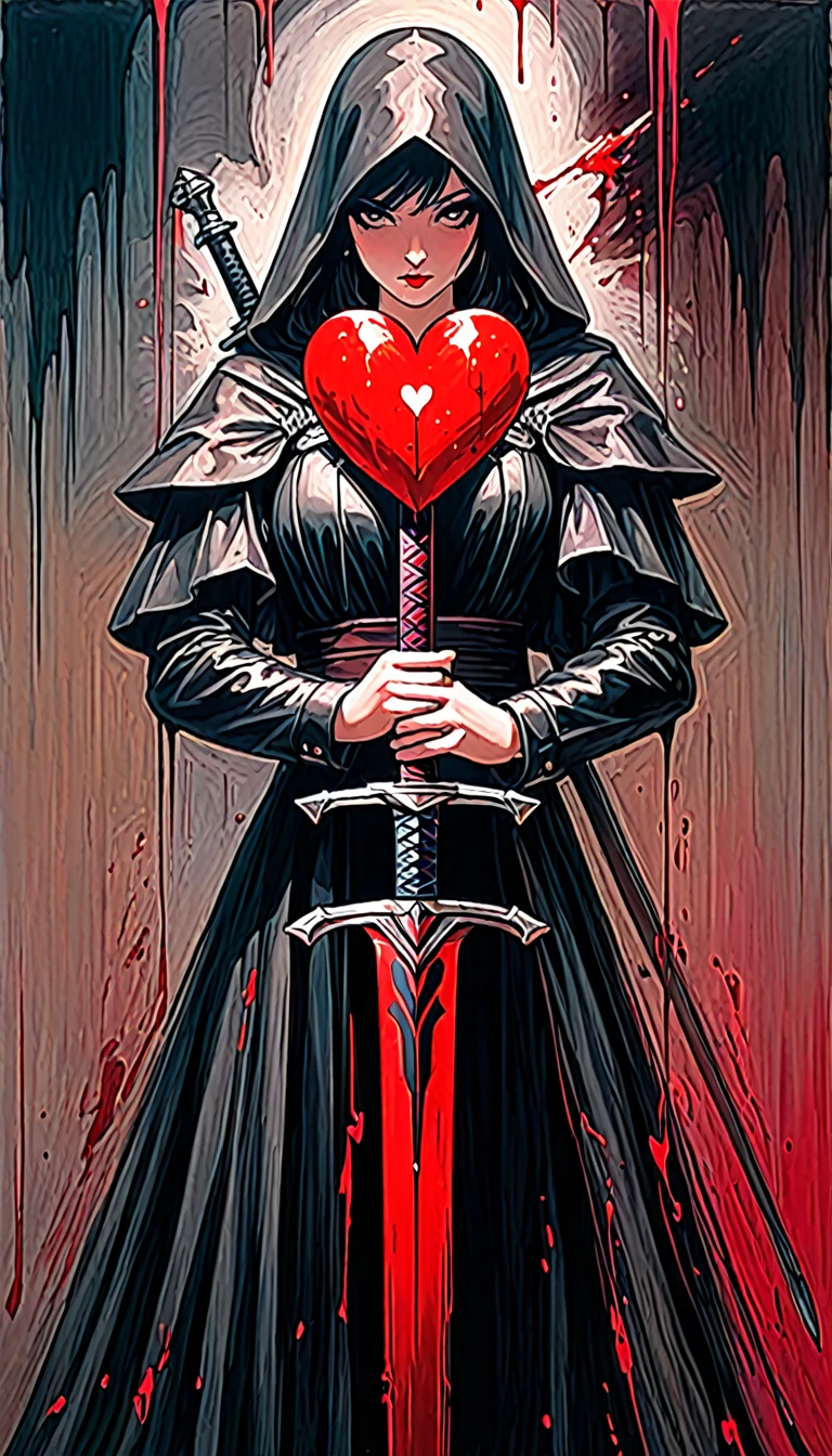 icon with a heart, a sword and blood (art inspired by Bill Sienkiewicz). oil painting)