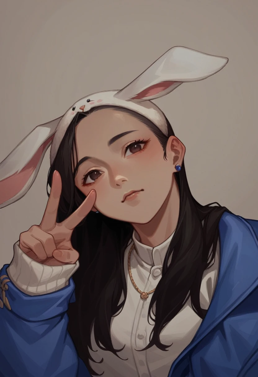 arafed woman in a blue jacket and a white bunny ear hat, gemma chen, ruan cute vtuber, louise zhang, profile pic, with bunny ears, leslie zhang, xision wu, headshot profile picture, lulu chen, with long floppy rabbit ears, wenfei ye, li zixin, wan adorable korean face, inspired by Zhu Da