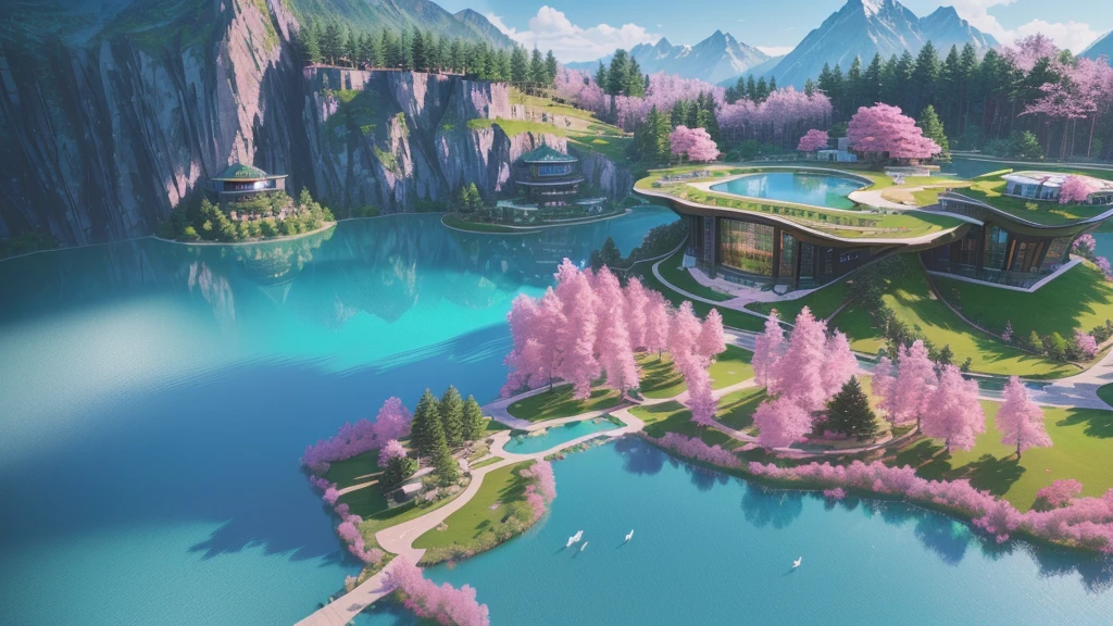 Surrounded by high mountains,Multiple vegetation,There is green grass on it,And pink fantasy grass,There is a clear lake,There are modern style buildings in the center of the lake,Surrounded by fantasy-style trees and plants。Realistic style,Real light,Authentic materials