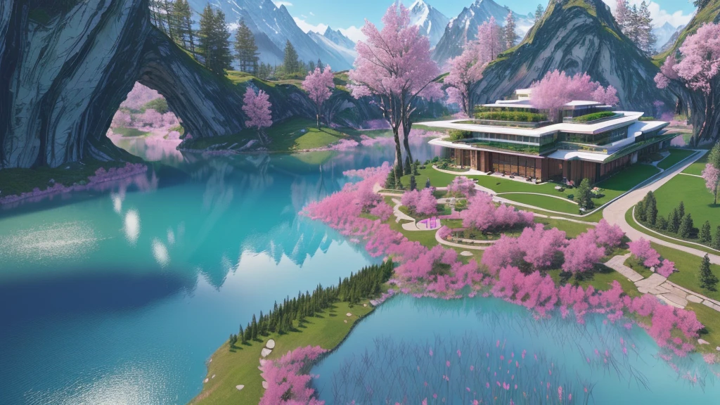 Surrounded by high mountains，Multiple vegetation，There is green grass on it，And pink fantasy grass，There is a clear lake，There are modern style buildings in the center of the lake，Surrounded by fantasy-style trees and plants。Realistic style，Real light，Authentic materials