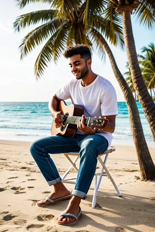 Summer man under palm tree seaside sitting on chair playing guitar