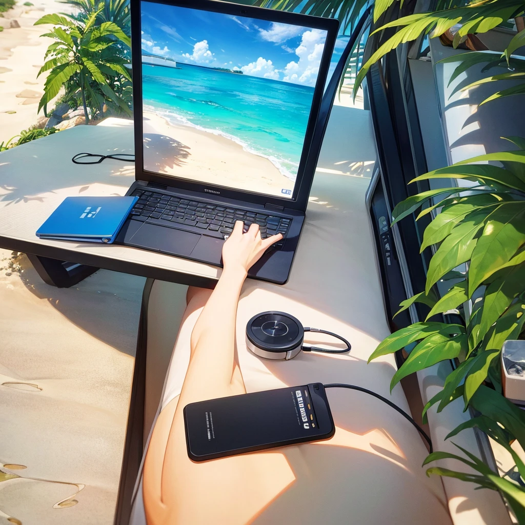 Nomad Worker　Have a laptop　YouTube Icon　An illustration　male　Beachside　