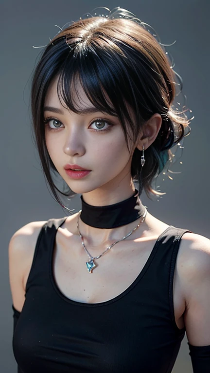 masterpiece, Highest quality,3dレンダリング作品 ,3dMMスタイル,close,Portraiture, 3d,One girl, alone, Multicolored Hair, Blue Hair, Black Hair, necklace, freckles, jewelry, Two-tone hair, Look to the side, Realistic, Upper Body, Simple Background, bangs, avert your eyes, short hair, parted lips, Iris, lips, Gothic, choker, compensate, Mole, black shirt, shirt, watermark、Super detailed face, Beautiful Eyes, double eyelid,7-Head Sexy Beauty、Sexy thighs、Protruding nippleini shorts、No sleeve、necklace、Earrings、I'm not wearing underwear、Very attractive