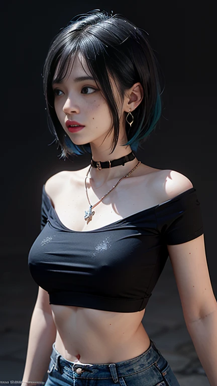 masterpiece, Highest quality,3dレンダリング作品 ,3dMMスタイル,close,Portraiture, 3d,One girl, alone, Multicolored Hair, Blue Hair, Black Hair, necklace, freckles, jewelry, Two-tone hair, Look to the side, Realistic, Upper Body, Simple Background, bangs, avert your eyes, short hair, parted lips, Iris, lips, Gothic, choker, compensate, Mole, black shirt, shirt, watermark、Super detailed face, Beautiful Eyes, double eyelid,7-Head Sexy Beauty、Sexy thighs、Protruding nippleini shorts、No sleeve、necklace、Earrings、I'm not wearing underwear、Very attractive