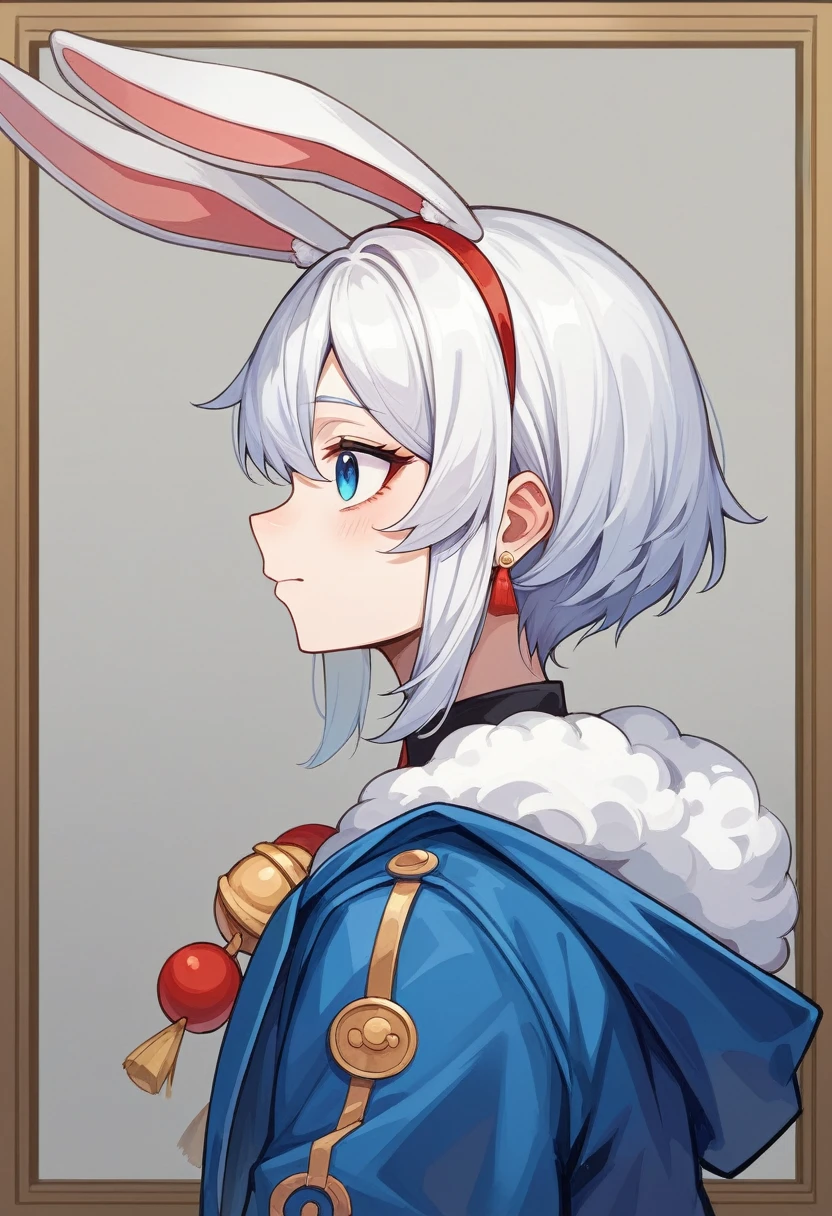 arafed woman in a blue jacket and a white bunny ear hat, gemma chen, ruan cute vtuber, louise zhang, profile pic, with bunny ears, leslie zhang, xision wu, headshot profile picture, lulu chen, with long floppy rabbit ears, wenfei ye, li zixin, wan adorable korean face, inspired by Zhu Da