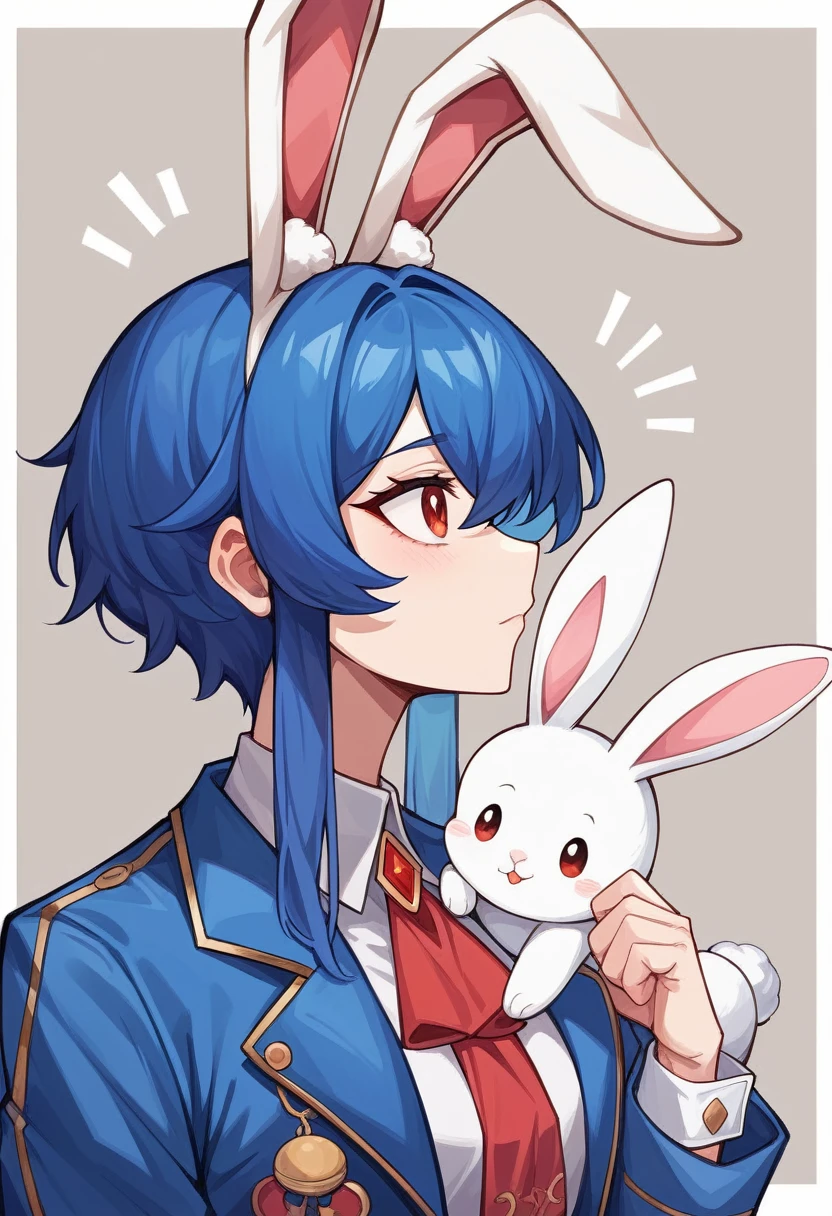 arafed woman in a blue jacket and a white bunny ear hat, gemma chen, ruan cute vtuber, louise zhang, profile pic, with bunny ears, leslie zhang, xision wu, headshot profile picture, lulu chen, with long floppy rabbit ears, wenfei ye, li zixin, wan adorable korean face, inspired by Zhu Da