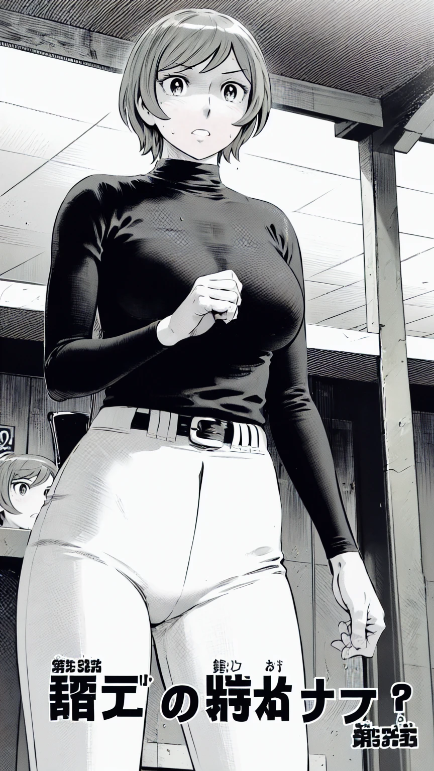 (野球uniform:1.2),
Blonde Hair, (short hair:1.2),Long sleeve, Black Shirt, turtleneck,White trousers、uniform、Black belt、((Illustration of people))、Big Boobs、
View Audience,, (Highest quality:1.3),One Girl, White pants、uniform、Outdoor、baseball ground、ground、soil、blue eyes、Tight black shirt、(masterpiece、Highest quality)、Highest quality, Ultra-high resolution, (((masterpiece))), alone, Sweat、Big eyes、Big Breasts、One Girl, Front view、Embarrassed face、Bronze colored hair、((short hair))、Stand up straight