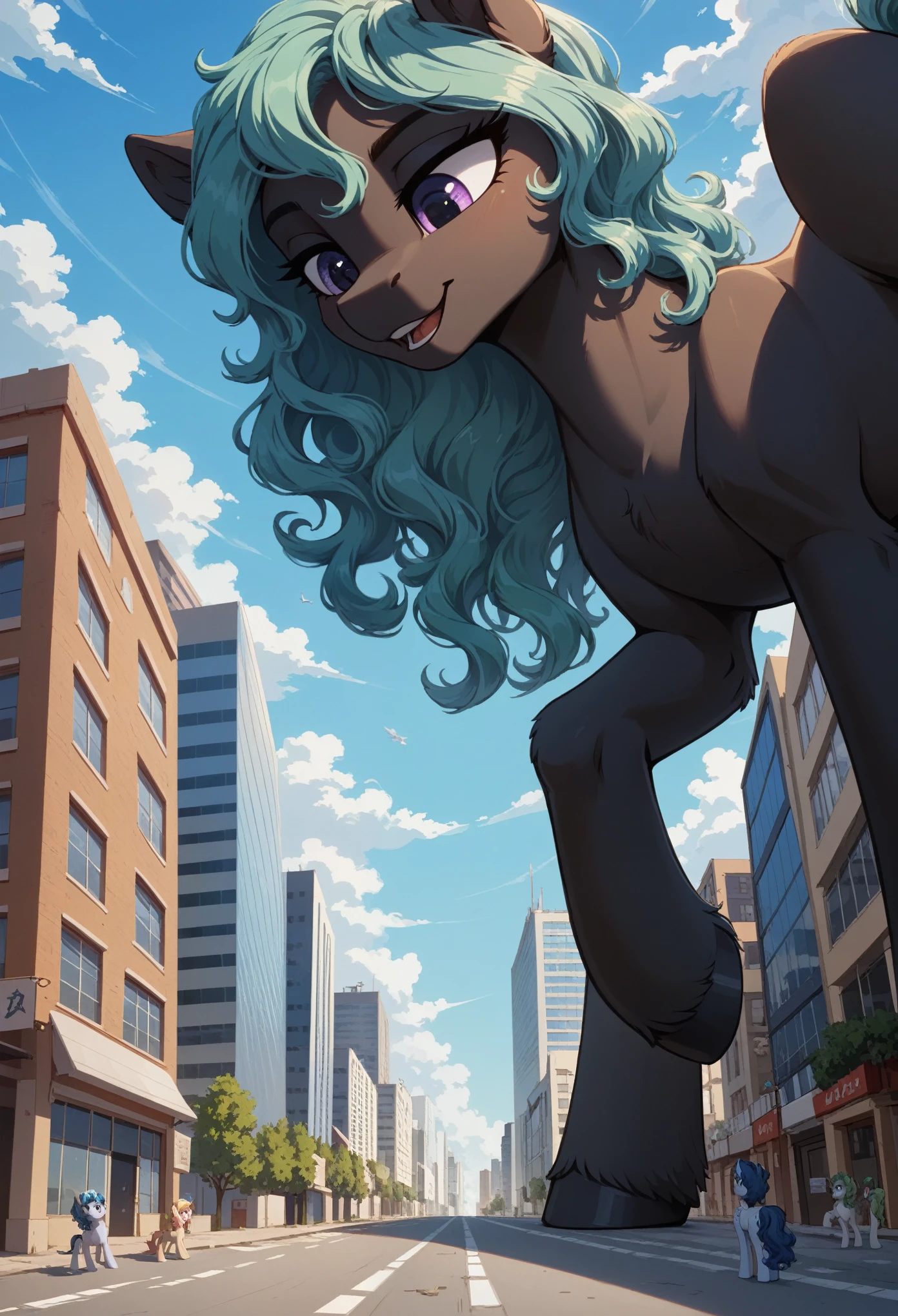 score_9, score_8_up, score_7_up, 2girls, 2female, 1 girl, 1 girl, duo, twice, giantess, macro, giant pony, (character1: white body, blue hair, wavy hair, purple eyes), (character2: black body, green hair, straight hair, blue eyes), anatomically correct, feral anatomy, good anatomy, depth of field, muted colors, extremely high quality RAW photograph, earth pony, semi-anthro, female, ponified, fluff chest, (walking through the city, view from below, close-up, focus), (background: among buildings, narrow streets, as tall as buildings), underhoof, doom, looming
