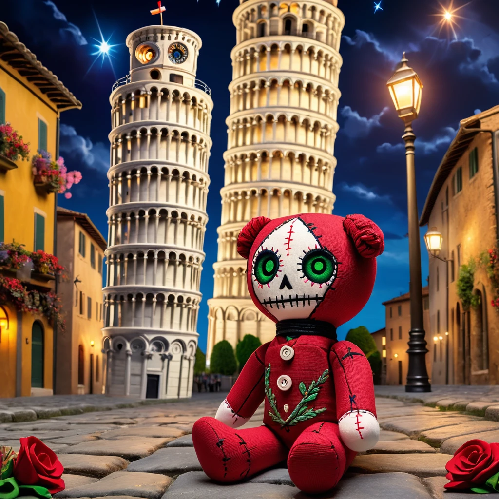 (knitted toy voodoo doll:1.7), (Voodoo Doll:1.3), (Clothing: casual Italian attire with leaning tower patterns:1.0), (Accessories: enchanted camera emitting warm light, levitating guidebooks:1.1), (background: leaning Tower of Pisa with floating flowers, glowing surrounding buildings, and sparkling cobblestone streets:1.2), best quality, masterpiece, detailed soft oil painting, detailed background, dramatic cinematic lighting, soft edge lighting, professional, dramatic lighting, hard edge lighting, ultra quality, 4k, masterpiece, best quality, 8k, ultra high definition, high resolution, extremely detailed