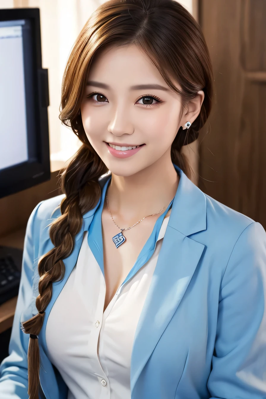 Beautiful young woman、 Light brown hair、Hairstyle braid、Work in front of the computer、Necklace around the neck、Office Lady Suits、Jacket、Unbuttoned shirt、Flashy makeup、smile、Beautiful teeth alignment、short hair、Intricate details, Very detailed:1.2), 、 Looking into the camera,The background is the office、Necklace around the neck、Dark eyeliner、ear piercing