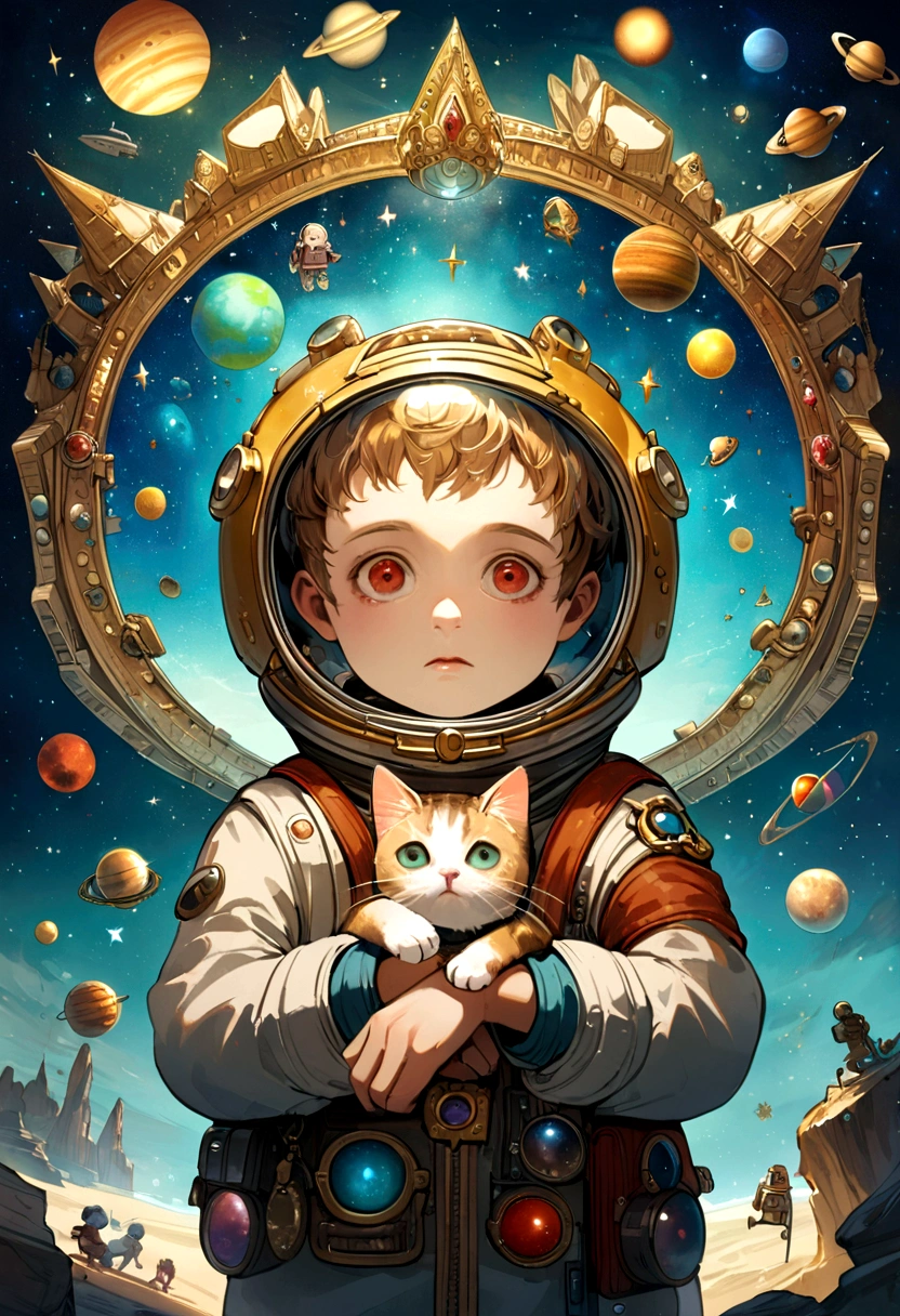 Little boy with his cat, astronaute, eccentric, who searches for diamonds in space. universe, Planets, Brightness Clear dark. lost treasure.