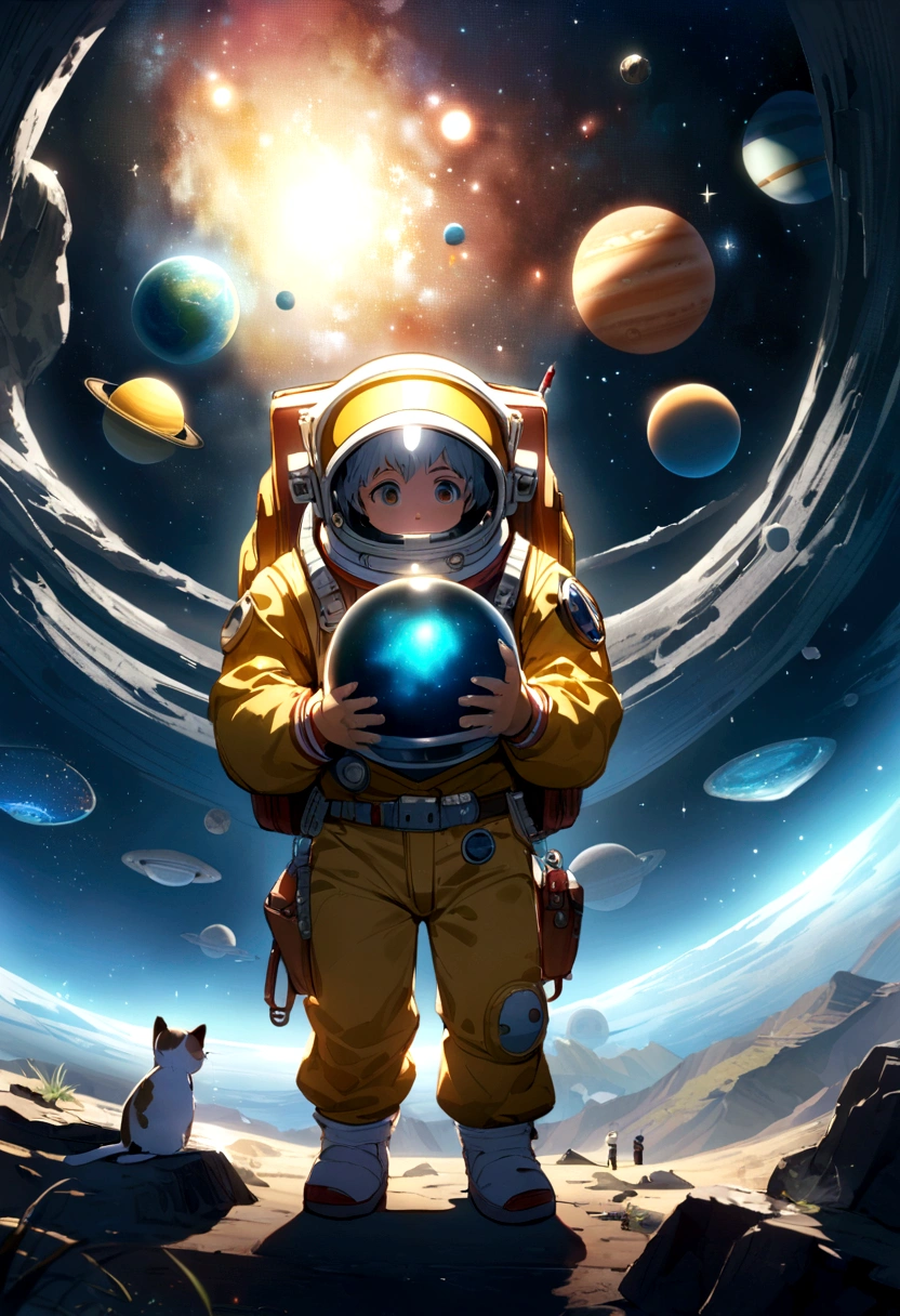 Little boy with his cat, astronaute, eccentric, who searches for diamonds in space. universe, Planets, Brightness Clear dark. lost treasure. 
