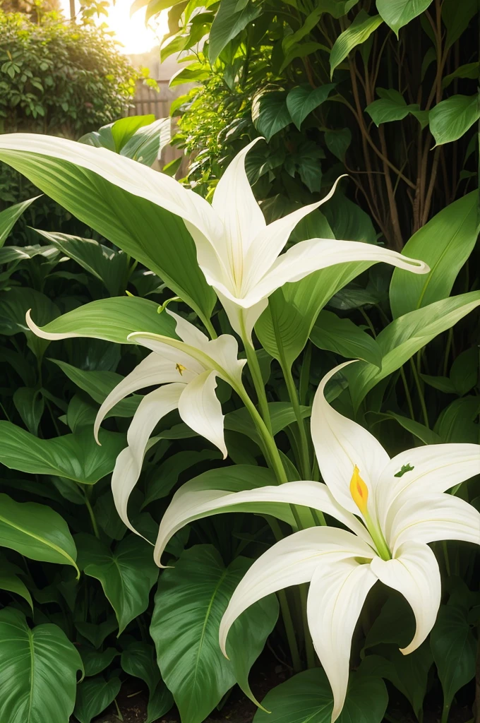 Beautiful sunrise where the peace lily is the protagonist in the garden with its green leaves and white flowers