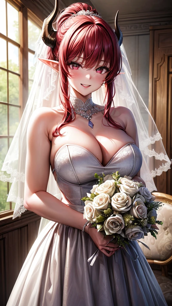(masterpiece, top quality, best quality, official art, beautiful and aesthetic:1.2), (1girl:1.3), extremely detailed, official artstyle, highest detailed, parted lips,wallpaper, pink eyes, long hair, beautiful red hair, ponytail hairstyle, elf ears, two horns, black horns, bangs, (happiness, beautiful smile, happy expression, happy face), medium breast, ((Wedding dress, chies, Bridal veil, Wedding, Bouquet)),(cowboy shot), holding a flower, cowboy shot, wedding vibes