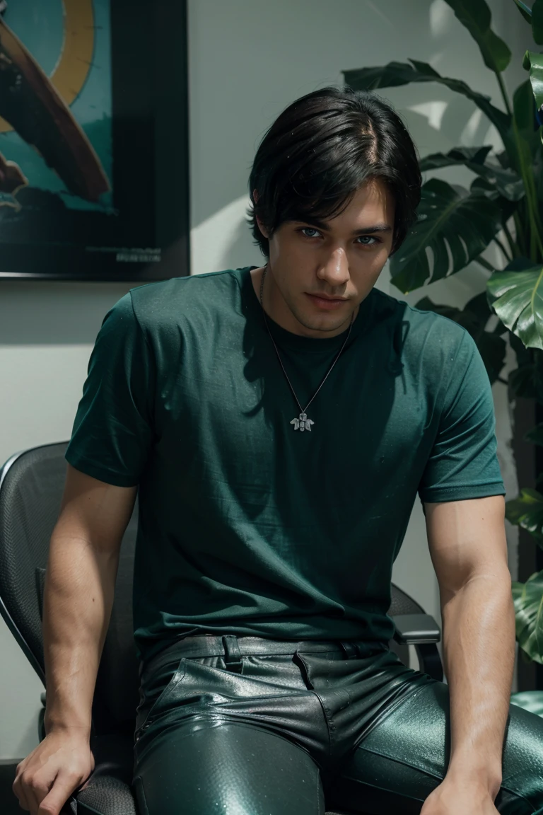 masterpiece, Best quality, ultra detailed, realistic, Detailed Face, Detailed and realistic skin, perfect shiny skin, One male, young man, 25 years old, (short Gradient black Hair), cinematic lighting, half body, sitting on gaming chair, front face, half body, teal green t-shirt ( green ) , buggy long pants, sitting, sitdown