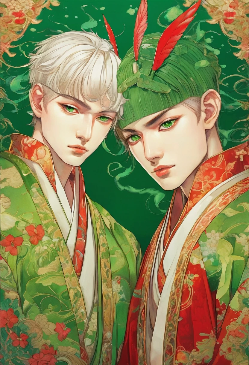 Anime art of two young men with green eyes and red eyes, Japanese pop surrealism, author:Yukika Kosaka, Nguyen Gia and Joao Nguyen, Japanese art style, author:Nobutada Yanagawa, Japanese pop surrealism, Korean Art Nouveau Anime, author:Hironaka Harumi, Conjoined twins, Beautiful sci-fi twins