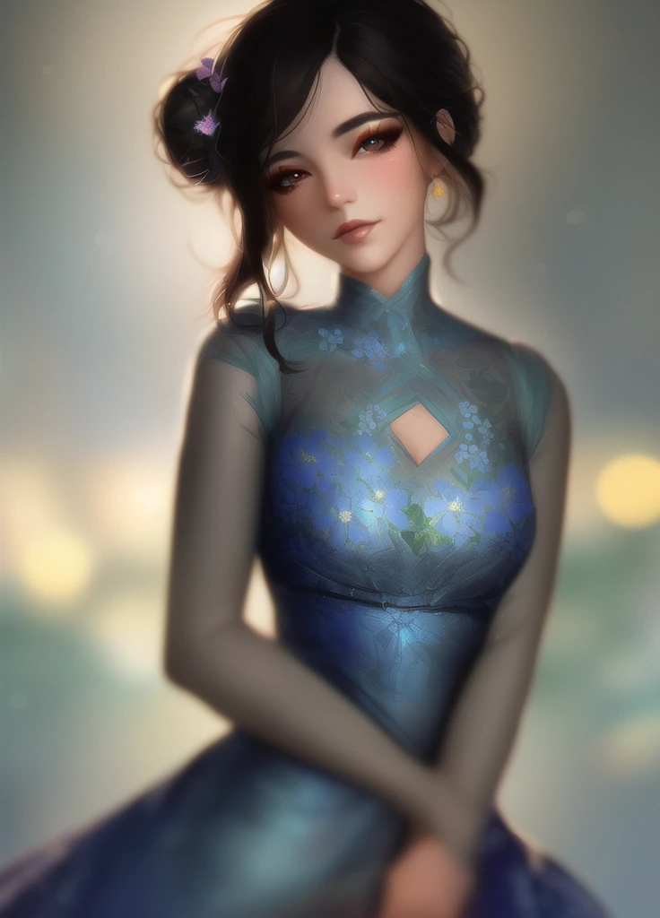 lndswgnr_v1.0, (Sharp focus: 1.5), (sharp focus:1.2), portrait, attractive young woman, (beautiful face:1.1), detailed eyes, luscious lips, (eye makeup:1.2), (tight body:1.2), wearing (flowery dress:1.2), depth of field, hair bun, black hair, bokeh, 4K, HDR. by (James C. Christensen:1.2|Jeremy Lipking:1.1).