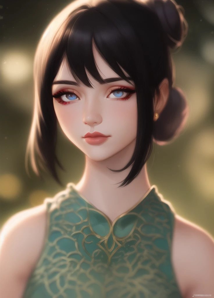 lndswgnr_v1.0, (Sharp focus: 1.5), (sharp focus:1.2), portrait, attractive young woman, (beautiful face:1.1), detailed eyes, luscious lips, (eye makeup:1.2), (tight body:1.2), wearing (flowery dress:1.2), depth of field, hair bun, black hair, bokeh, 4K, HDR. by (James C. Christensen:1.2|Jeremy Lipking:1.1).
