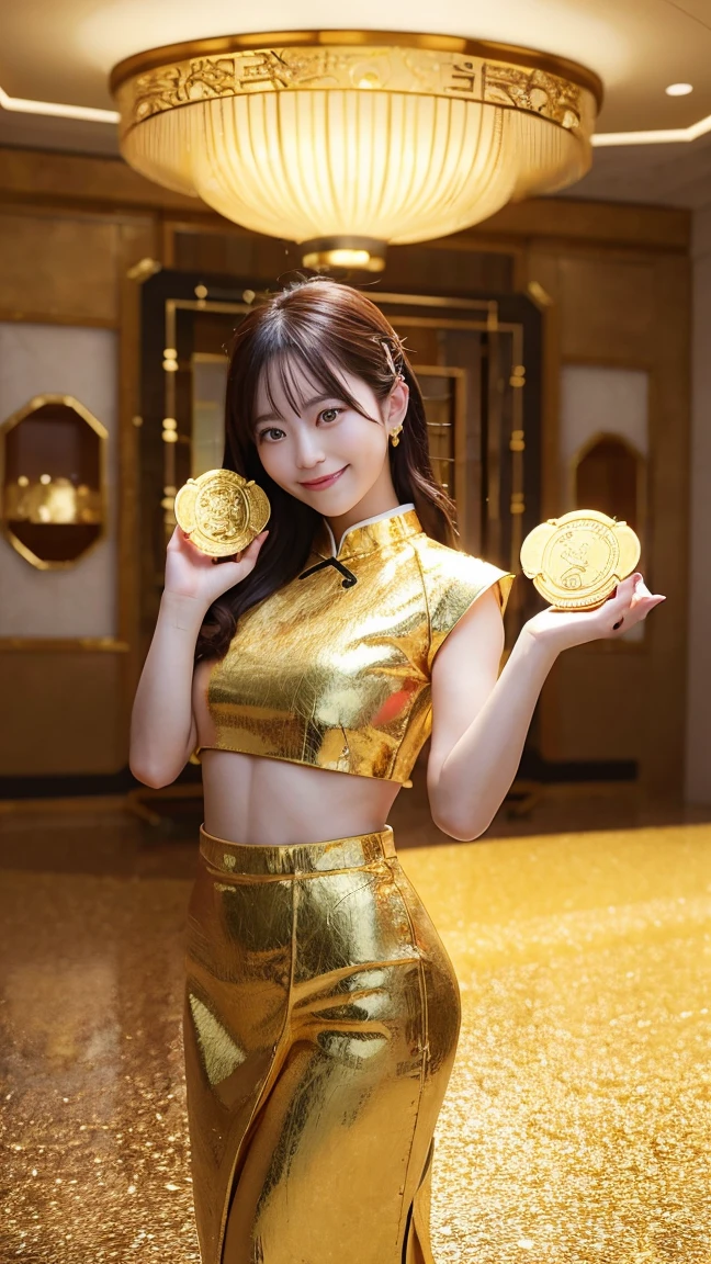 Chinese God of Wealth, Holdings of gold coins,Standing on a ground full of gold coins, Flying gold coins, She has a happy smile on her face, Chinese style, 3d, Octane Rendering, Simple Background,Full body portrait, Cinema Lighting, Volumetric Light, Soft and sophisticated colors, Pixar Style, Bubble Mart, 3d, C4D, Blender, Little, Dori