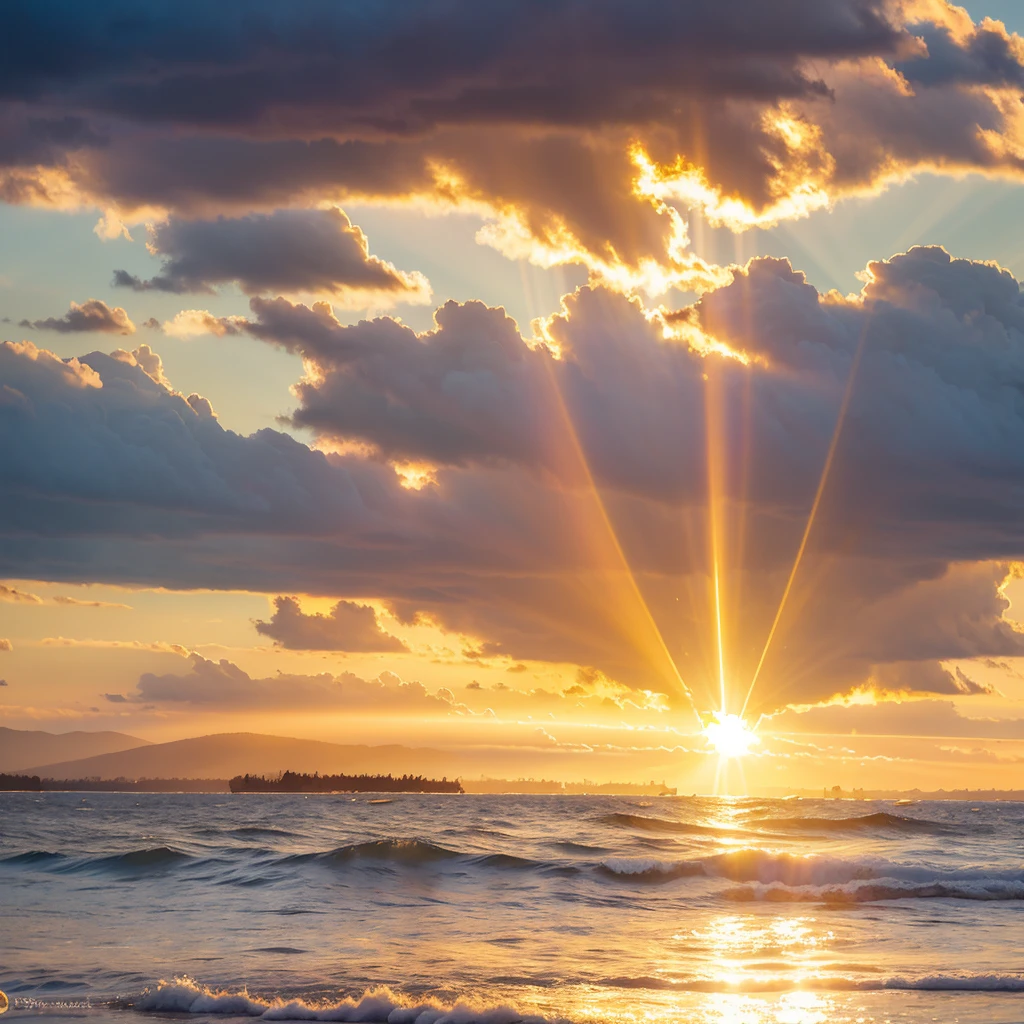a close up of a sun setting over a body of water, god sun rays, suns rays, sun rays, beautiful light rays, sun - rays, sun - rays beams, stunning light reflections, glittering sun rays, sunrays shine upon it, sun rays beaming, sparkles and sun rays, sunrays, sun light rays, sun beams