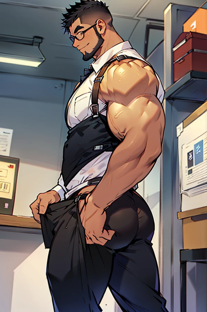 4k, masterpiece, high resolution:1.2, 1 man, solo, bara, muscular, big physique,bad boy milk, crew cut hair, facial hair, chest, wide shoulder, biceps, thighs, triceps, butt, black hair, cute smile, friendly, standing in an office, wearing formal trousers, wearing formal stripes pattern office shirt, wearing glasses, upstairs office in the background, ultra detailed, shredded muscle, flat style (((wearing harness))) (((view from the side, thick huge ass)))