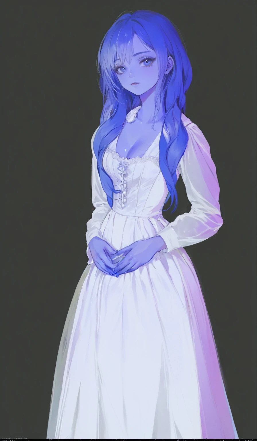 beautiful illustration, ultra-detailed, masterpiece, anime style, victorian white dress, blue skin, girl, long blue hair, wavy hair