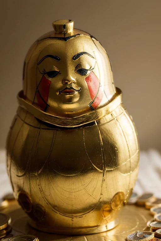 (masterpiece, best quality:1.3), (Extremely detailed:1.3), 1 nesting doll is bright gold with gold coins underneath
