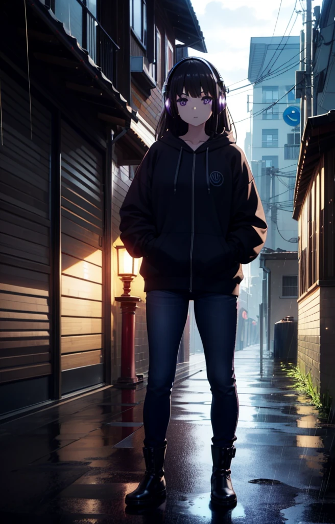 Takiuchikami, Check it out, Long Hair, bangs, Black Hair, (Purple eyes:1.2),Oversized blue hoodie,Wired headphones,jeans,short boots,Standing leaning against a wall,,Hiding in a roofed building,whole bodyがイラストに入るように,rain,cloudy,night,
break outdoors, Building district,
break looking at viewer, whole body,
break (masterpiece:1.2), Highest quality, High resolution, unity 8k wallpaper, (figure:0.8), (Beautiful attention to detail:1.6), Highly detailed face, Perfect lighting, Highly detailed CG, (Perfect hands, Perfect Anatomy),