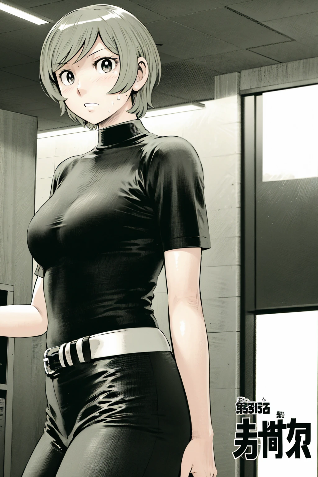 、(masterpiece、Highest quality)、Highest quality, Ultra-high resolution, (((masterpiece))), alone, Sweat、Big eyes,Tight black shirt、Tight white pants、belt、indoor、Composition from the front、(Cut the back hair short、short hair、blonde、woman)、Shortcuts、Embarrassed face、Cut your hair short、可愛いwomanの子、Big Breasts、office