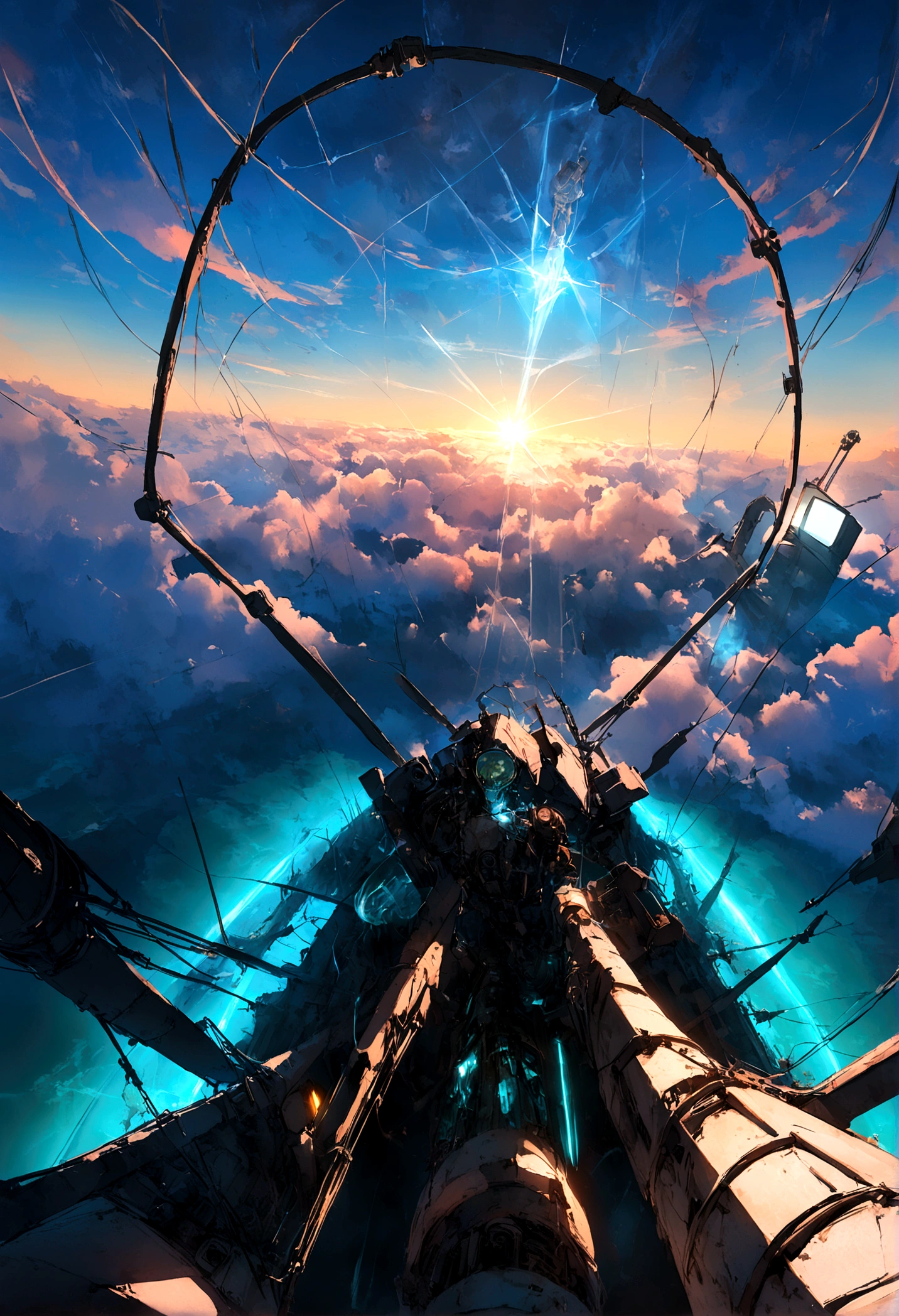score_9, score_8_up, score_7_up, ((first person perspective)), landscape photo, tron, heaven, ascendance, god rays, light, gold, sky, advntr, underwater, alien, colorful, ((zdzislaw beksinski)),translucent,transparent,reelmech, mechanical parts, cable, wires, machinery, joints, body suit