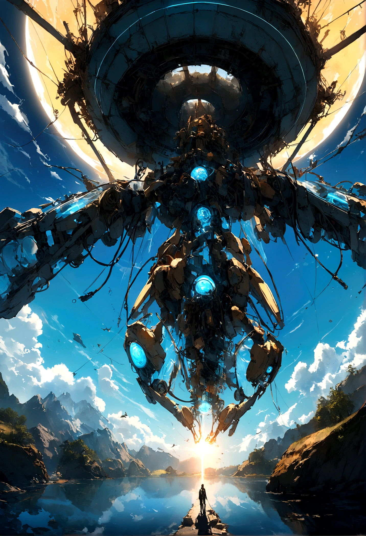 score_9, score_8_up, score_7_up, ((first person perspective)), landscape photo, tron, heaven, ascendance, god rays, light, gold, sky, advntr, underwater, alien, colorful, ((zdzislaw beksinski)),translucent,transparent,reelmech, mechanical parts, cable, wires, machinery, joints, body suit