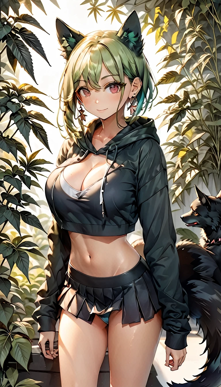 , Croped, , cleavage, slim waist, cropped hoodie underboob, cropped hoodieunderboobhoodie, 1girl, 2 wolf ears, wolf tail, marijuana crop hoodie, crop shorts, marijuana hoodie, spiky hair, spiky fur, green hair, red eyes,marijuana field, tight clothes, perfect eyes, perfect hands, clear resolution, full body, cleavage skin, marijuana plants, open hoodie, marijuana scenery, black thigh high socks, full body, earrings, 1girl, skirt, cleavage, slim waist, cleavage, slim waist, hair pulled back, big breast, round butt, slim waist