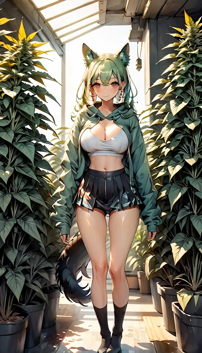 , Croped, , cleavage, slim waist, cropped hoodie underboob, cropped hoodieunderboobhoodie, 1girl, 2 wolf ears, wolf tail, marijuana crop hoodie, crop shorts, marijuana hoodie, spiky hair, spiky fur, green hair, red eyes,marijuana field, tight clothes, perfect eyes, perfect hands, clear resolution, full body, cleavage skin, marijuana plants, open hoodie, marijuana scenery, black thigh high socks, full body, earrings, 1girl, skirt, cleavage, slim waist, cleavage, slim waist, hair pulled back, big breast, round butt, slim waist