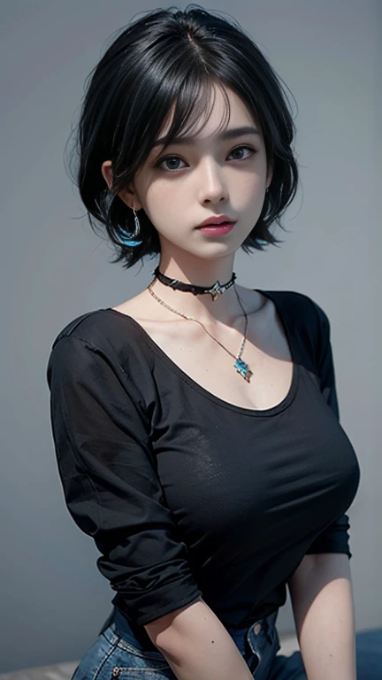 masterpiece, Highest quality,3dレンダリング作品 ,3dMMスタイル,close,Portraiture, 3d,One girl, alone, Multicolored Hair, Blue Hair, Black Hair, necklace, freckles, jewelry, Two-tone hair, Look to the side, Realistic, Upper Body, Simple Background, bangs, avert your eyes, short hair, parted lips, Iris, lips, Gothic, choker, compensate, Mole, black shirt, shirt, watermark、Super detailed face, Beautiful Eyes, double eyelid,7-Head Sexy Beauty、Sexy thighs、Protruding nipples、Mini shorts、No sleeve、necklace、Earrings、I'm not wearing underwear、Very attractive