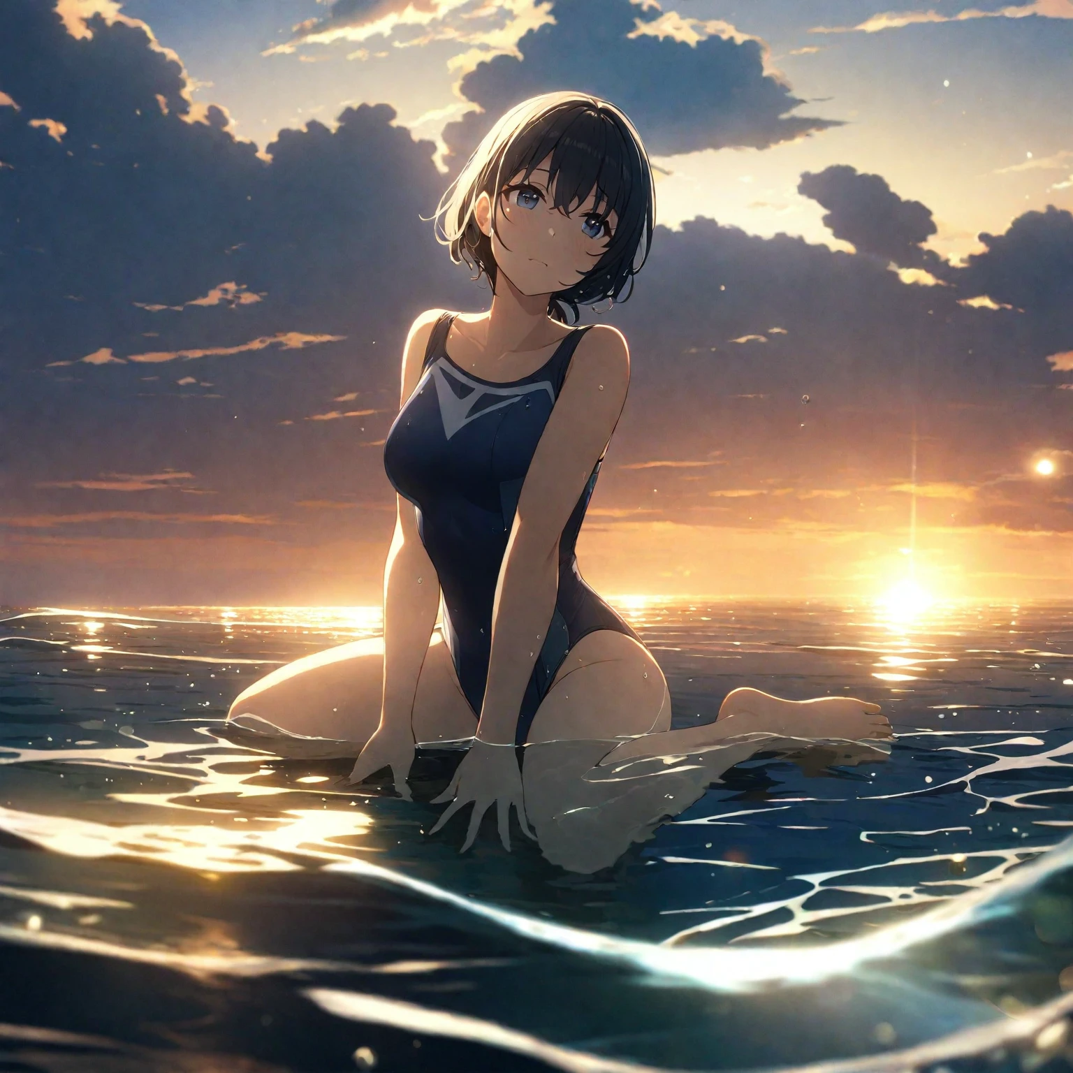 1girl、Black Hair、Navy blue swimsuit、Ocean、Oceanに浸かる、In the water、evening、Reflection on the water、透明なOcean、deep faint light 、 detailed CG、high resolution