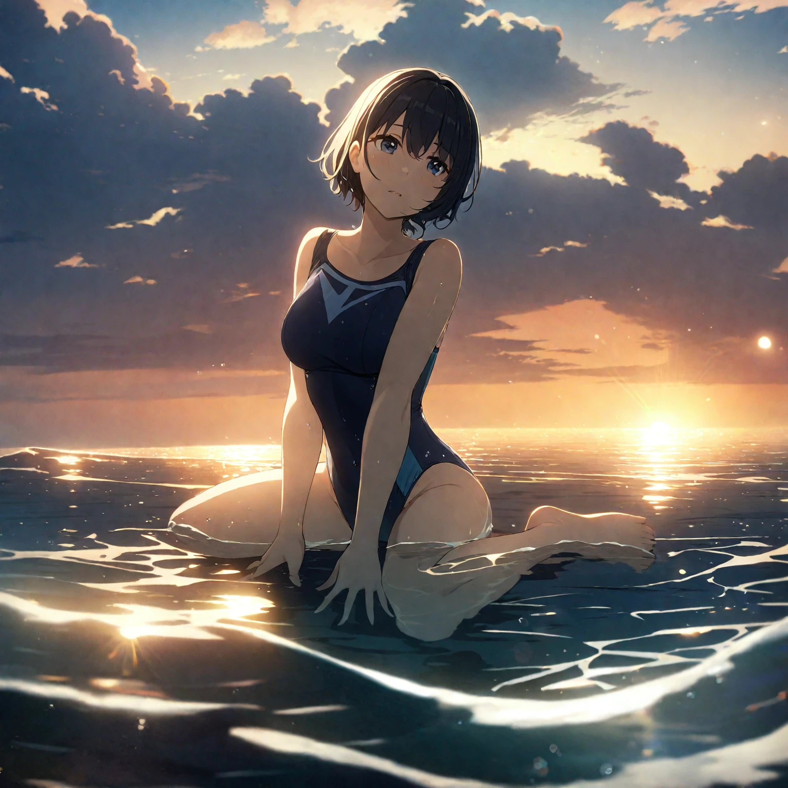 1girl、Black Hair、Navy blue swimsuit、Ocean、Oceanに浸かる、In the water、evening、Reflection on the water、透明なOcean、deep faint light 、 detailed CG、high resolution