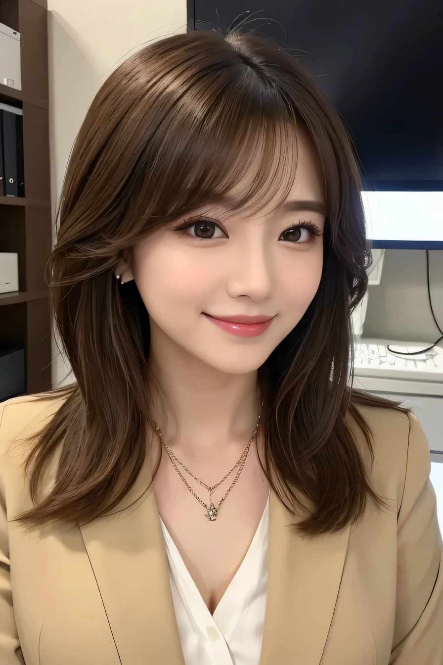 Beautiful young woman、 Light brown hair、hairstyle semi long、Work in front of the computer、Necklace around the neck、Office Lady Suits、Jacket、Unbuttoned shirt、Flashy makeup、smile、Beautiful teeth alignment、short hair、Intricate details, Very detailed:1.2), 、 Looking into the camera,The background is the office、Necklace around the neck、Dark eyeliner、ear piercing