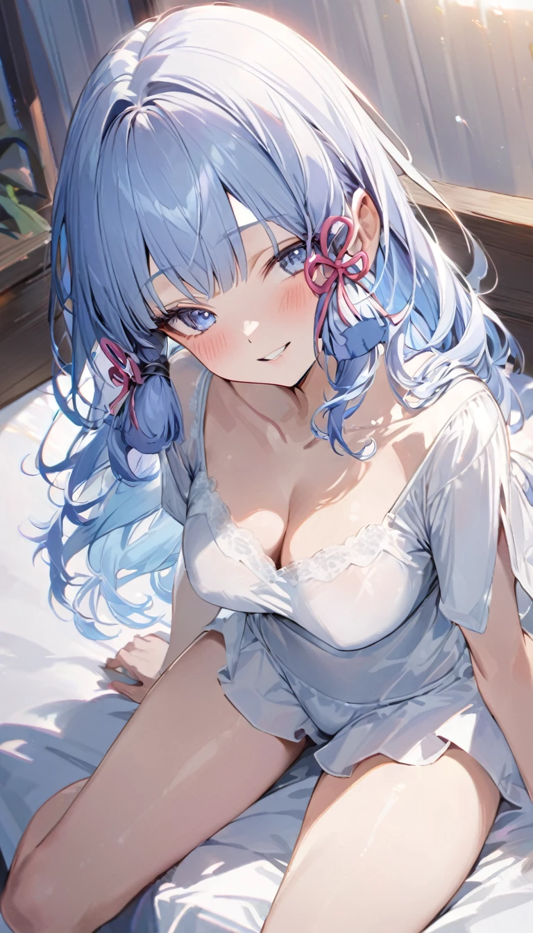 Ayaka, Blue long hair, Pretty Face,Smile,Close to hip, Medium breasts, Sitting on the bed, Wearing beautiful white pajamas, (open mouth:0.4),illustration,Detailed texture(Realist),Extremely detailed,Portrait Style,Bright colors,Soft lighting, blush, Mature, No, Flying hair, Breast tenderness