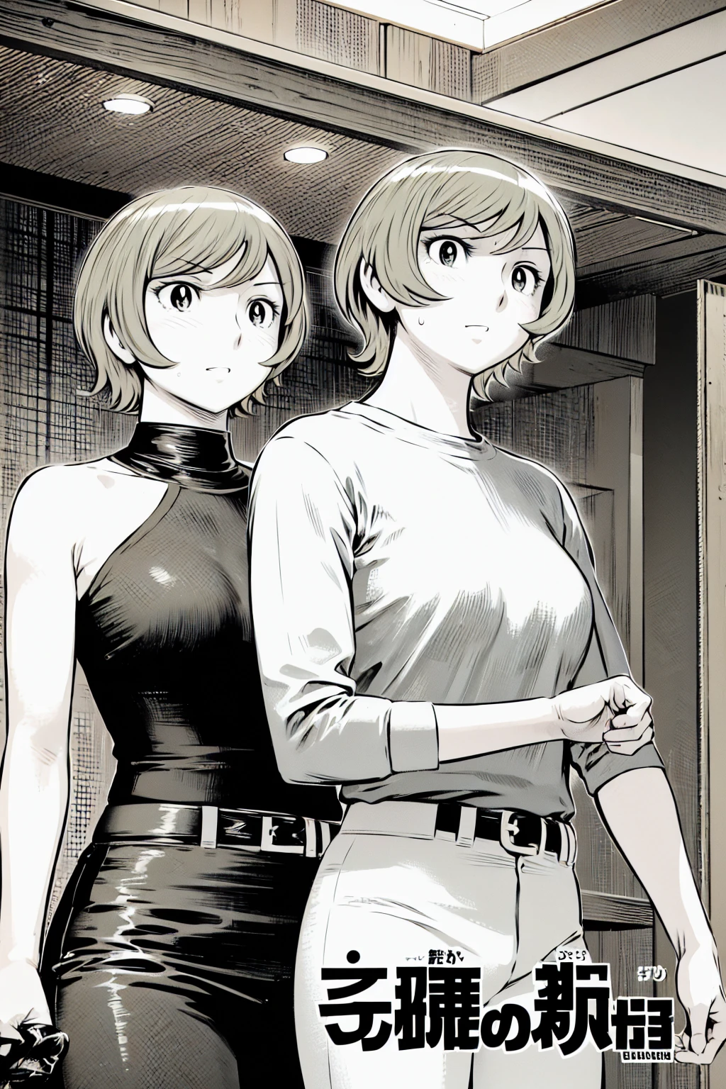 、(masterpiece、Highest quality)、Highest quality, Ultra-high resolution, (((masterpiece))), alone, Sweat、Big eyes,Tight black shirt、Tight white pants、belt、indoor、Composition from the front、（Cut the back hair short、short hair、blonde、woman）、Shortcuts、Embarrassed face、Cut your hair short、可愛いwomanの子、Big Breasts、Inside the room、Full Color、Baseball uniform