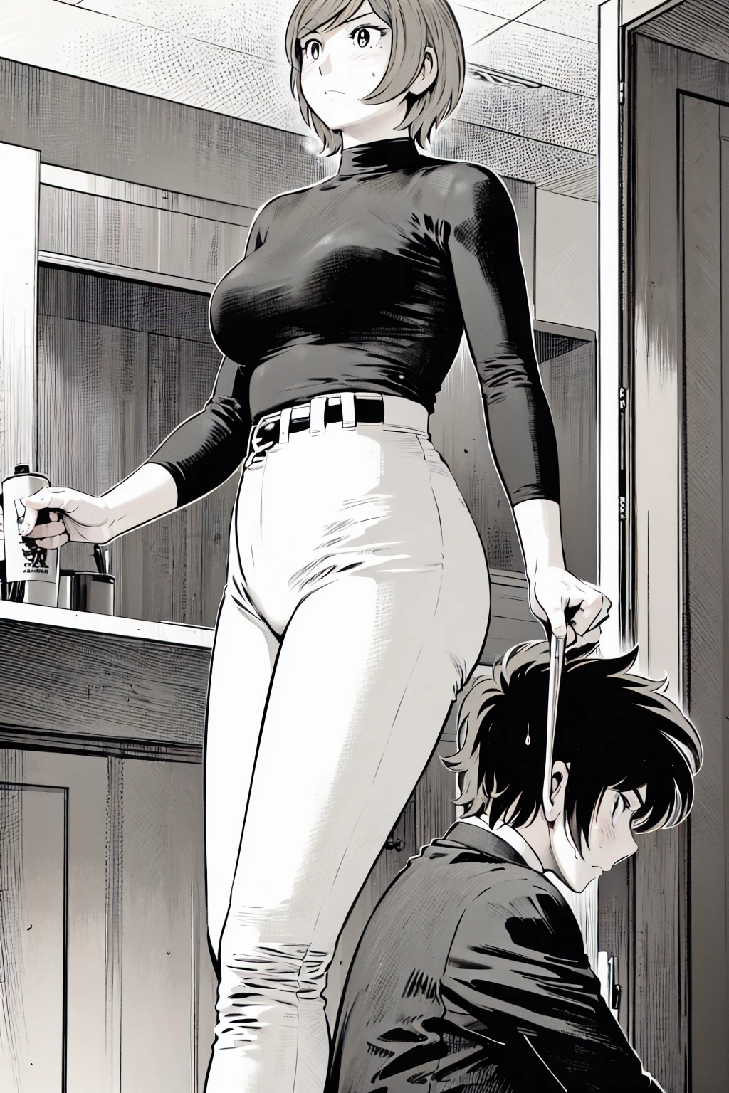、(masterpiece、Highest quality)、Highest quality, Ultra-high resolution, (((masterpiece))), alone, Sweat、Big eyes,Tight black shirt、Tight white pants、belt、indoor、Composition from the front、（Cut the back hair short、short hair、blonde、woman）、Shortcuts、Embarrassed face、Cut your hair short、可愛いwomanの子、Big Breasts、Inside the room、Full Color、Baseball uniform