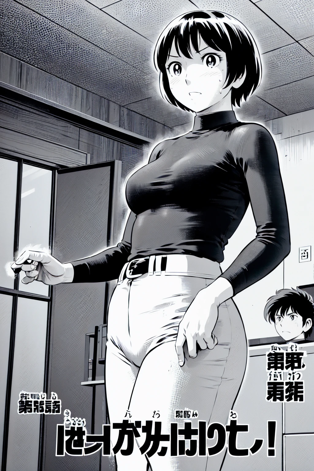、(masterpiece、Highest quality)、Highest quality, Ultra-high resolution, (((masterpiece))), alone, Sweat、Big eyes,Tight black shirt、Tight white pants、belt、indoor、Composition from the front、（Cut the back hair short、short hair、blonde、woman）、Shortcuts、Embarrassed face、Cut your hair short、可愛いwomanの子、Big Breasts、Inside the room、Full Color、Baseball uniform