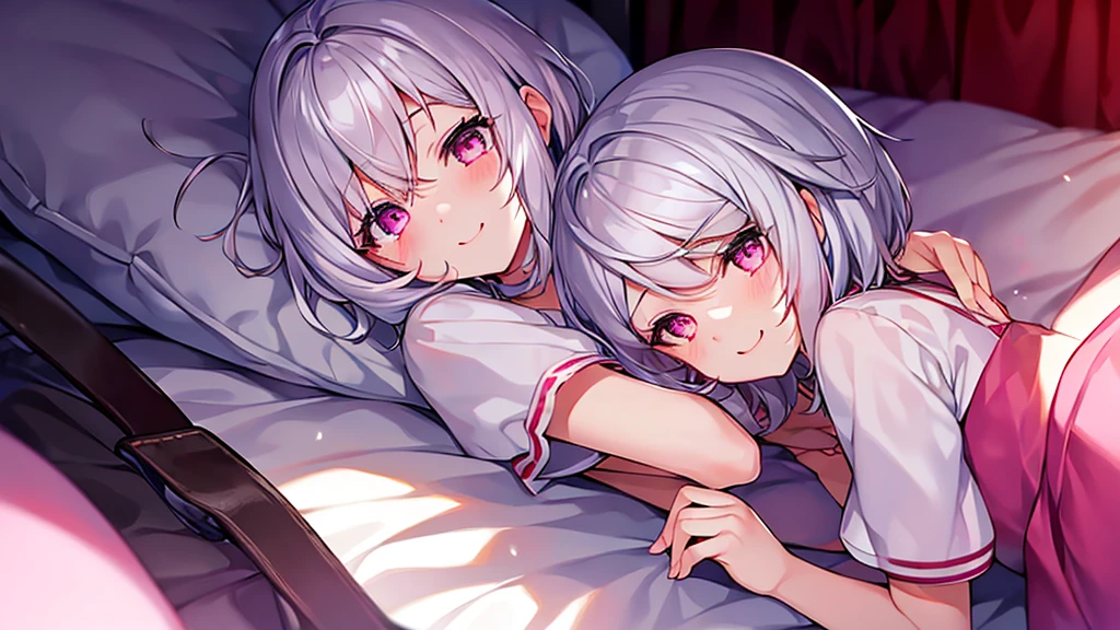 nsfw、White Hair Girl、Pink Eyes、Short Hair、Only one girl、Night、In the bedroom、Blushing、laughing、Excited、Just One、Sitting on the bed、Sweating