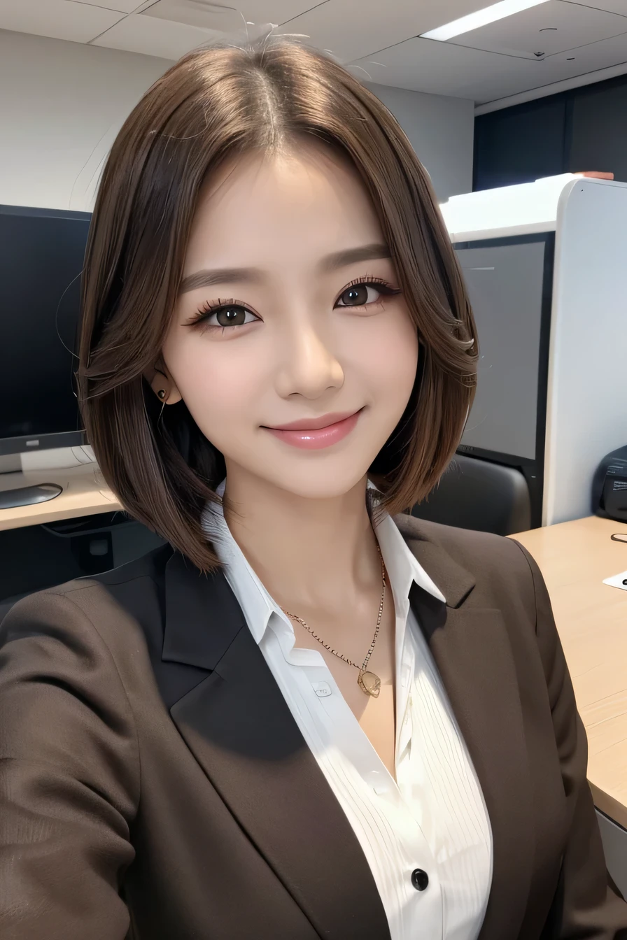 Beautiful young woman、 Light brown hair、hairstyle semi long、Work in front of the computer、Necklace around the neck、Office Lady Suits、Jacket、Unbuttoned shirt、Flashy makeup、smile、Beautiful teeth alignment、short hair、Intricate details, Very detailed:1.2), 、 Looking into the camera,The background is the office、Necklace around the neck、Dark eyeliner、ear piercing
