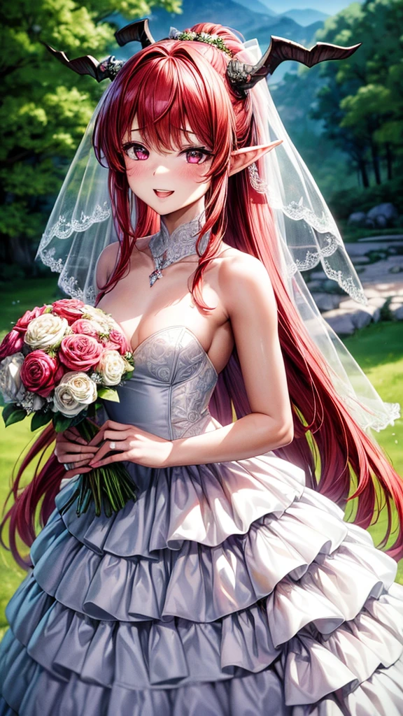 (masterpiece, top quality, best quality, official art, beautiful and aesthetic:1.2), (1girl:1.3), extremely detailed, official artstyle, highest detailed, parted lips,wallpaper, pink eyes, long hair, beautiful red hair, ponytail hairstyle, elf ears, two horns, black horns, bangs, (happiness, beautiful smile, happy expression, happy face), small , ((Wedding dress, chies, Bridal veil, Wedding, Bouquet)),(cowboy shot), holding a flower, cowboy shot, wedding vibes