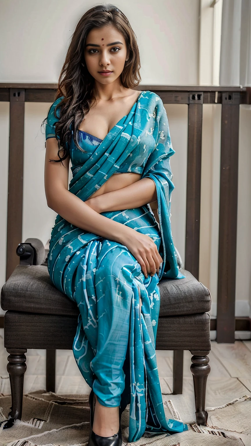 (best quality:2), ((masterpiece)), (detailed), Beautiful woman, thin saree, sexy, sitting on chair, sexy thigh, 4k