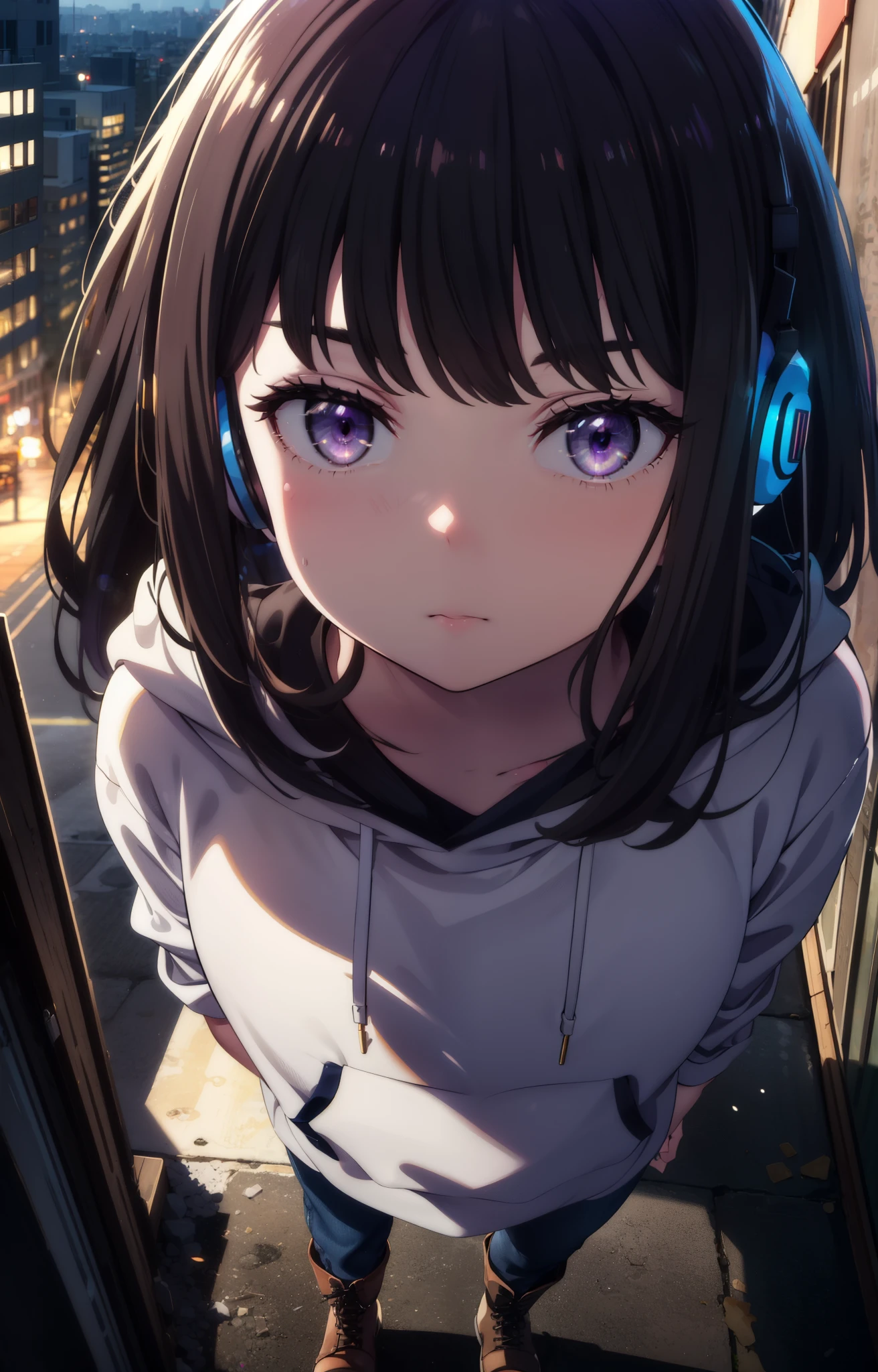 Takiuchikami, Check it out, Long Hair, bangs, Black Hair, (Purple eyes:1.2),Oversized blue hoodie,Wired headphones,jeans,short boots,Standing leaning against a wall,,Hiding in a roofed building,whole bodyがイラストに入るように,rain,cloudy,night,
break outdoors, Building district,
break looking at viewer, whole body,
break (masterpiece:1.2), Highest quality, High resolution, unity 8k wallpaper, (figure:0.8), (Beautiful attention to detail:1.6), Highly detailed face, Perfect lighting, Highly detailed CG, (Perfect hands, Perfect Anatomy),